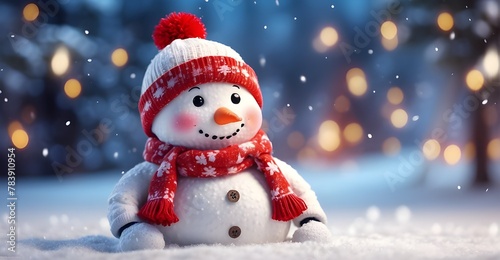 A cheerful snowman stands tall amidst a winter wonderland, adorned with a festive scarf and a jaunty hat. His smiling face reflects the joy of the holiday season, bringing warmth and happiness to all  © Ali Khan