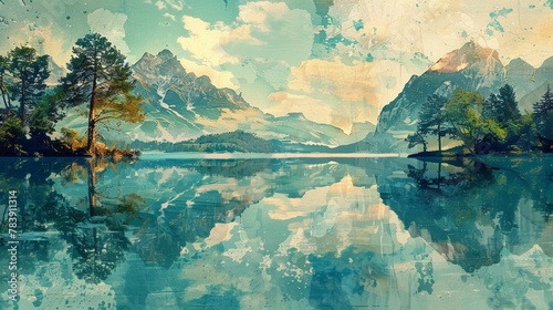 Reflecting islands in a serene lake, mirroring the sky.clippings, decoupage, screen print, popart, contemporary art photo