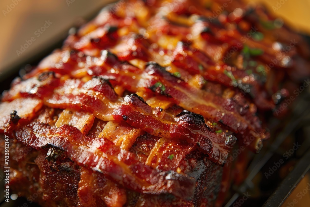 Close-up of a bacon weave topping a meatloaf for extra flavor