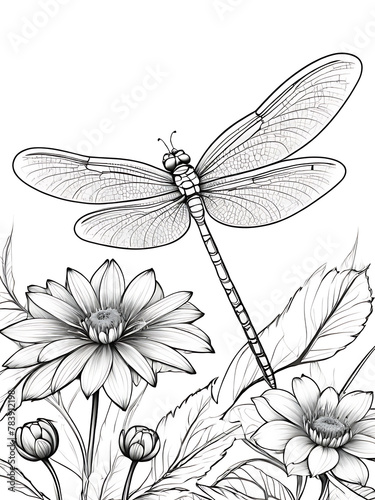 Dragonfly flower cartoon children coloring drawing without colors white background  ai generated