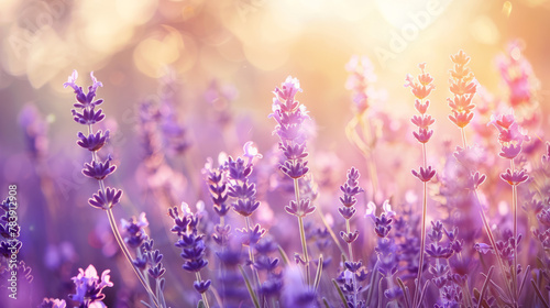 Wide field of lavender in summer sunset, panorama blur background. Autumn or summer lavender background. Shallow depth of field. © Bela