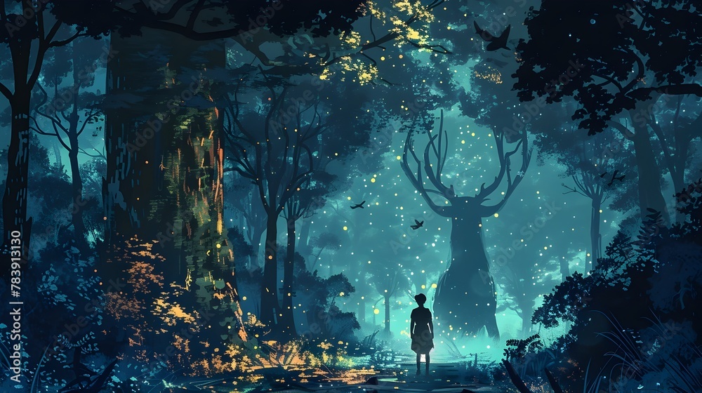 A Traveler's Encounter with Artemis: A Moment of Divine Reverence in a Mystical Woodland