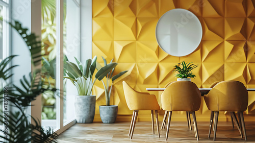 Detail shot of a geometric accent wall in a contemporary dining room, modern interior design, scandinavian style hyperrealistic photography