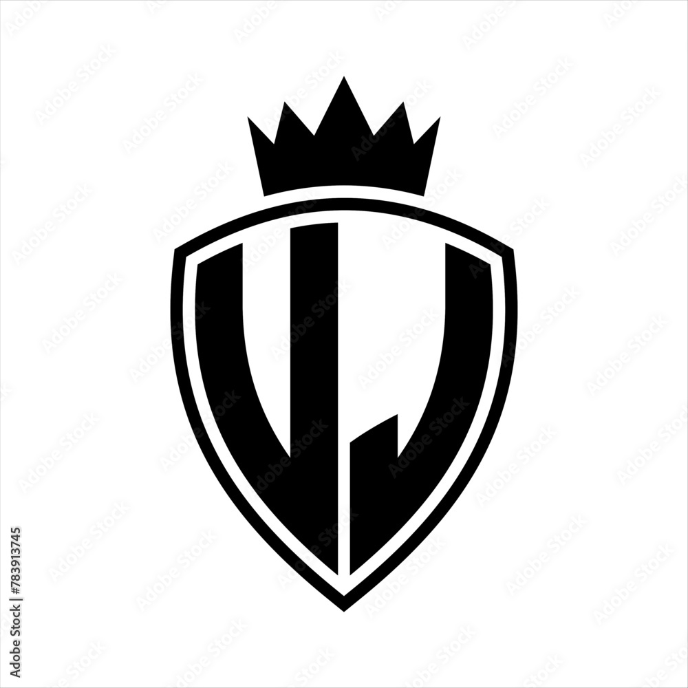 UJ Letter monogram shield and crown outline shape with black and white color design UJ Letter monogram shield and crown outline shape with black and white color design