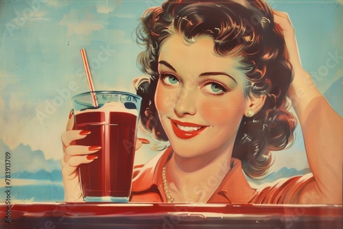 Soda commercial, vintage poster from the 50s, woman with drink photo