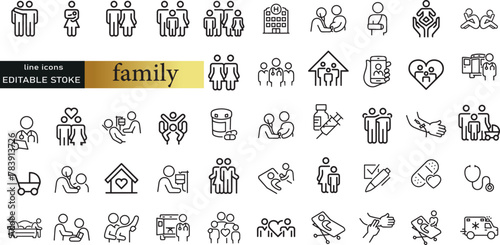 Types of family structures. Thin line icon set. Symbol collection in transparent background. Editable vector stroke