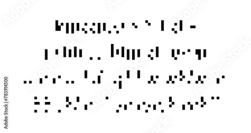 Cryptic unreadable isolated pixel Text. Futuristic alien alphabet. Abstract illegible symbols of fictional language. Incomprehensible letters.