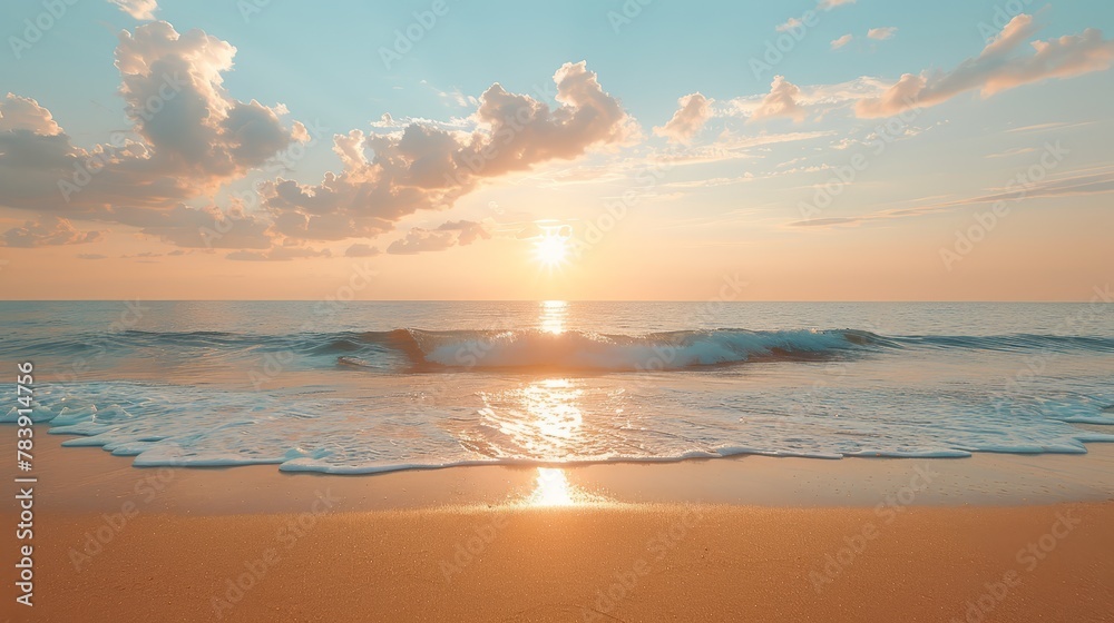   The sun sets over the ocean, a large wave in the foreground, clouds scattered in the sky