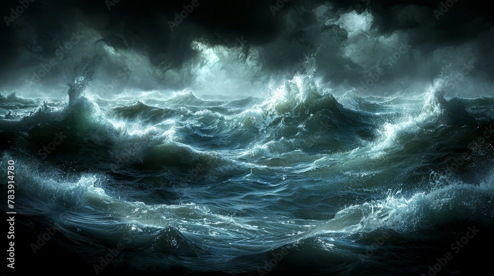   A painting depicts a vast body of water teeming with numerous waves rising from its depths