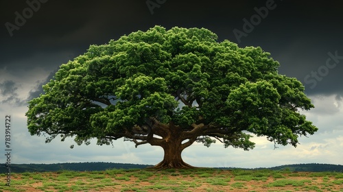   A large green tree sits atop a lush  green field beneath a cloudy sky with dark clouds above