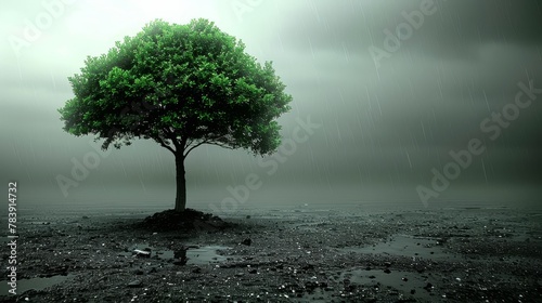   A solitary tree stands in the heart of a rain-drenched field under the cover of night