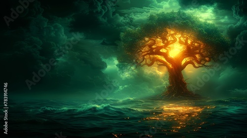   A tree painted in the center of a water body  emitting a radiant light