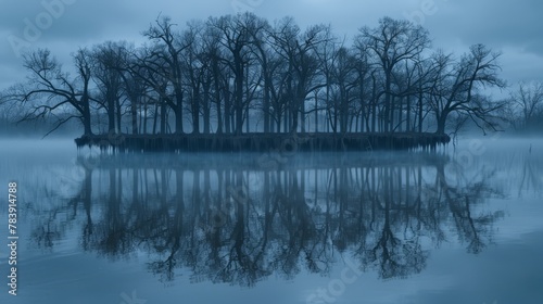  Amidst fog, a water body cradled by trees, bears a tiny island midstream