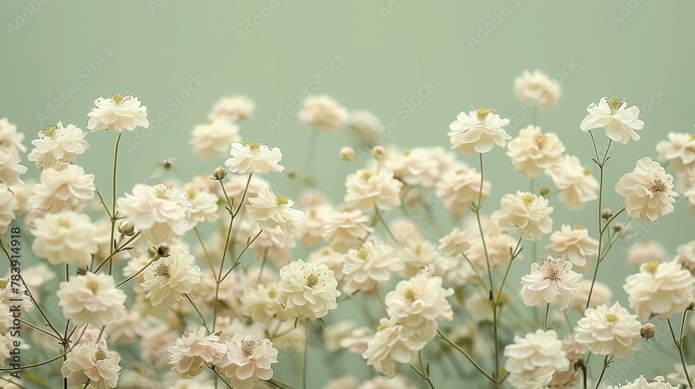 White flowers in a cluster sit atop a green table Nearby, a vase holds pink and white blossoms White flowers in a cluster sit atop a green table Nearby, a vase holds pink and white blossoms