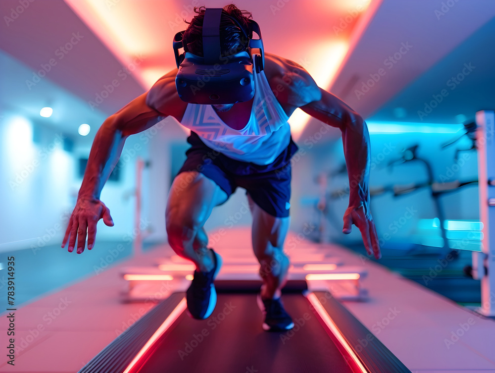 Dynamic Muscular Athlete Sprinting on Advanced Treadmill in Futuristic Gymnasium