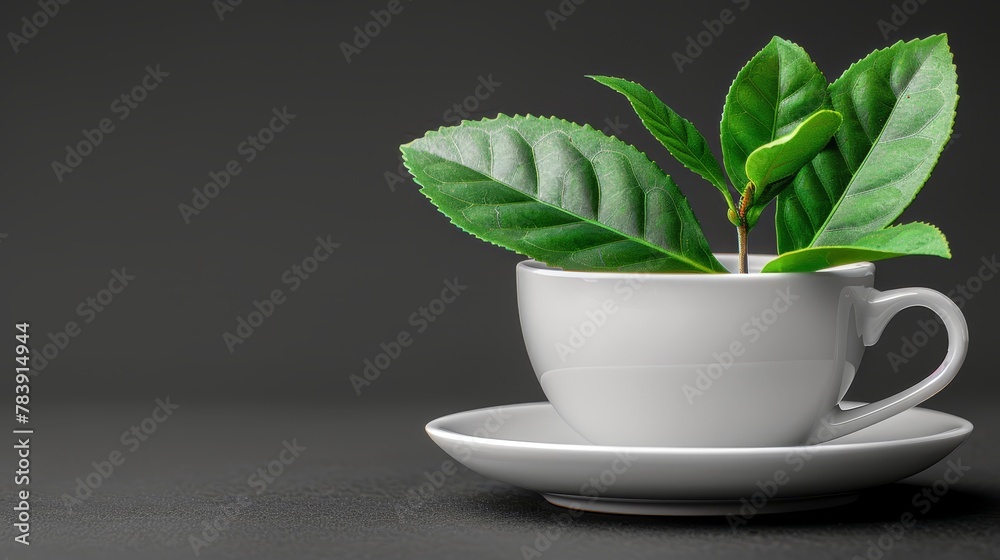 A cup holding a plant sits on a saucer An extra saucer is nearby A cup holding a plant sits on a saucer An extra saucer is nearby