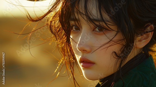  A tight shot of a woman's face, eyes expressive, with flyaway hairs framing it, as wind rustles through unruly locks