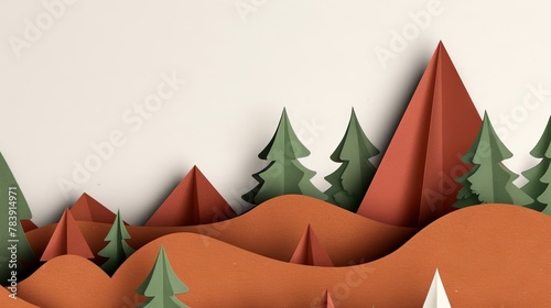 Colorful paper art forest and mountains. A creative panoramic paper art of a forest with bright colored trees against white mountains and a backdrop. Great for christmass postcard design inspiration