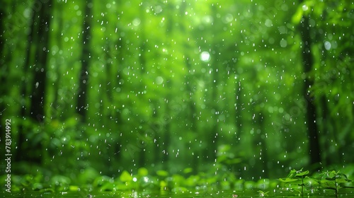  A forest teeming with lush green vegetation, rain cascading onto its verdant forest floor