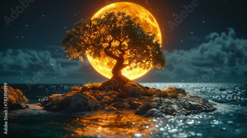   A tree atop a small island, surrounded by ocean, bears the full moon's glow photo