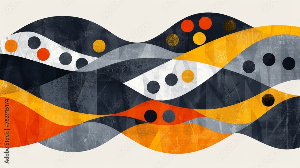 A painting of abstract shapes against a white background, featuring orange, black, and white dots A painting of abstract shapes against a white background, featuring orange, black, and white dots
