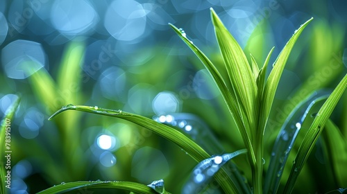 A tight shot of a verdant plant, its leaves speckled with water droplets, against a softly blurred backdrop
