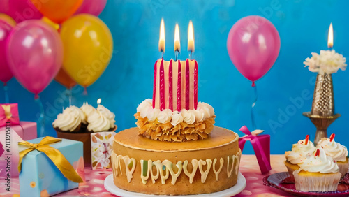 White Birthday cake with colorful Sprinkles over a blue background. 