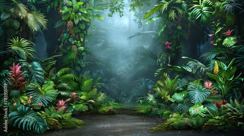   A jungle painting featuring a winding path towards a waterfall  surrounded by lush tropical plants on both sides