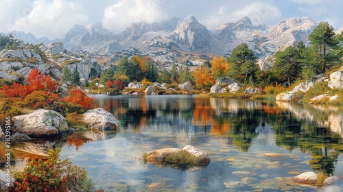  A painting of a mountain lake with rocks and trees in the foreground, and a mountain range in the background