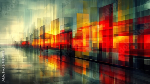  Digital painting of a cityscape featuring red, yellow, and orange squares as its focal point