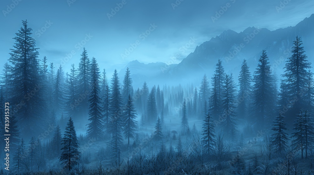   A forest teeming with tall trees under a foggy sky In the distance, a mountain looms