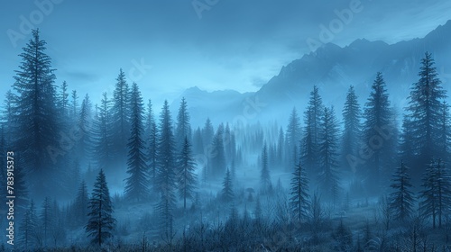   A forest teeming with tall trees under a foggy sky In the distance  a mountain looms
