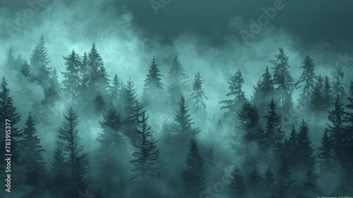  A foggy forest with numerous trees in the foreground and a full moon in the background