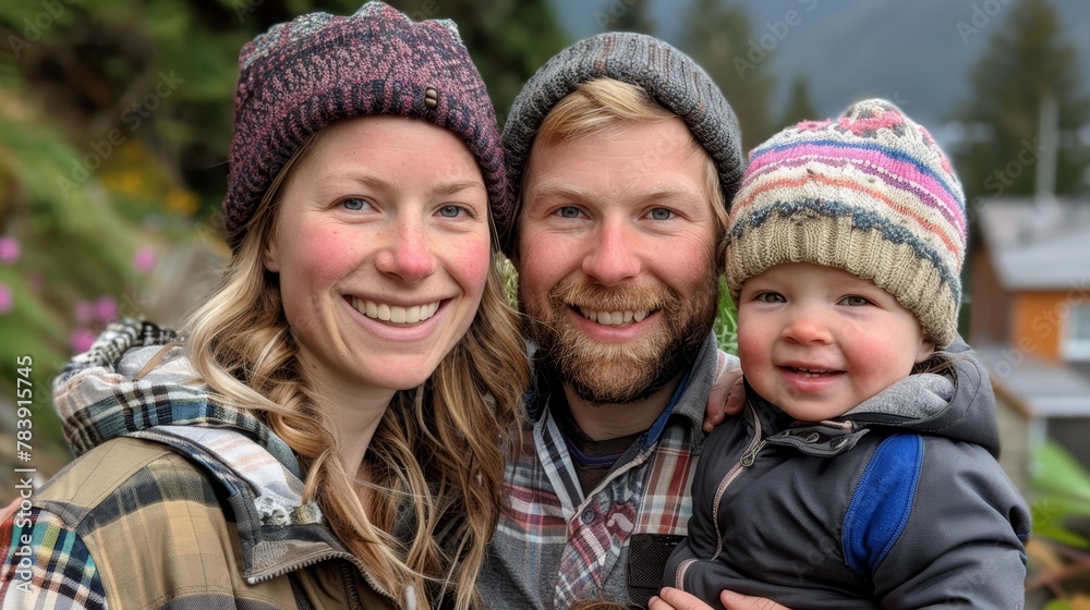 A man and a woman, each holding a smiling infant, pose beside a house in the background A man and a woman, each holding a smiling infant, pose beside a house in the background
