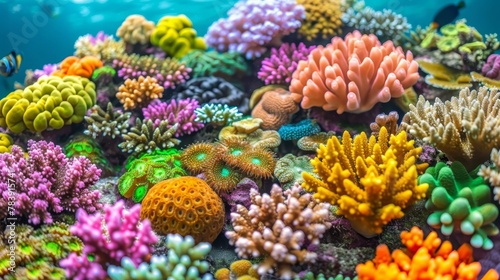   A colorful assemblage of corals and sea anemones lies at the reef's base in the ocean photo