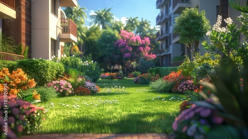   A digital rendering of a verdant lawn dotted with flowers, foreground, and apartment structures, background © Jevjenijs