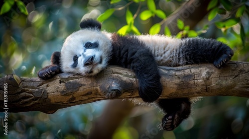   A panda sleeps on a tree branch  black and white in a green-backgrounded zoo setting