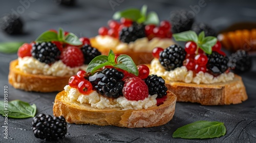   A table is topped with crostinis, each bearing berries and blackberries atop crostini bread