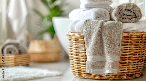  A counter holds a basket filled with towels, alongside a towel rack and a potted plant
