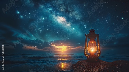  A lantern atop a sandy beach beneath a star-filled night sky #783916133