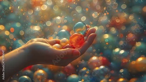  A tight shot of hands holding soap bubbles, with a backdrop of blurred bubble chaos