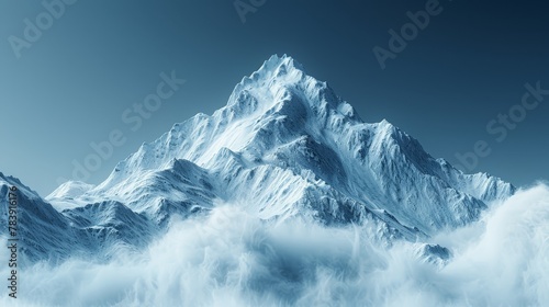  A towering mountain, completely encased in snow, stands prominent against a backdrop of cloud-filled skies, transitioning to a clear, azure horizon
