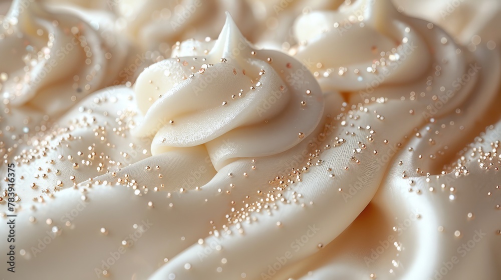   A tight shot of a frosted cupcake, adorned with white icing and colorful sprinkles atop