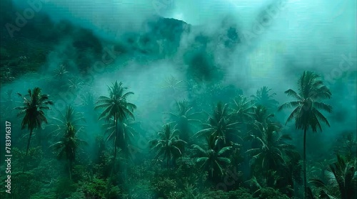   A collection of palm trees in a forest teeming with verdant foliage Behind  a towering mountain backdrop