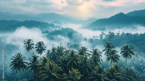  A lush green hillside dotted with numerous trees crowns a forest, while mist-covered mountains shrouded in clouds loom in the distance