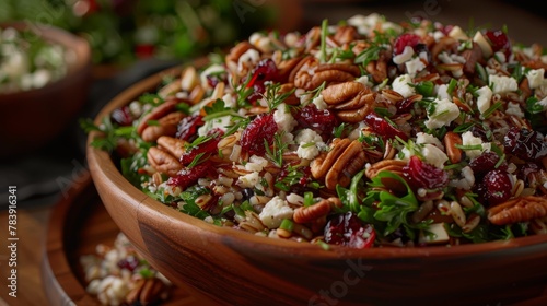  nuts  cranberries  feta cheese on a wooden table