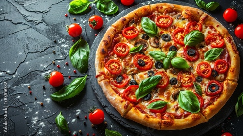  A pizza featuring tomatoes, olives, and basil on a black backdrop is surrounded by red and green peppers