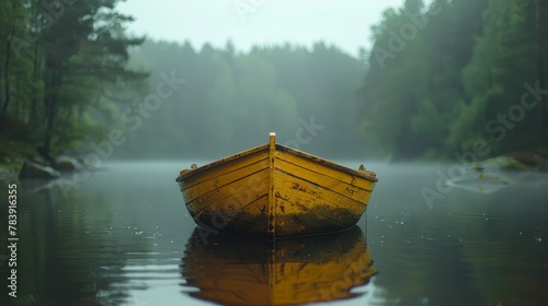  A yellow boat floats atop a fog-shrouded lake, surrounded by a forest teeming with verdant trees