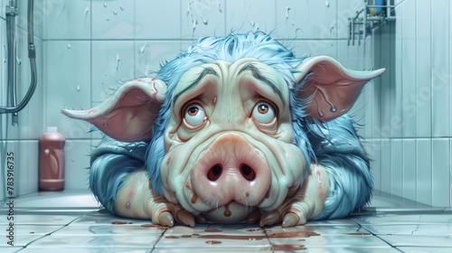  A painting of a pig lying on the bathroom floor next to a shifted shower head