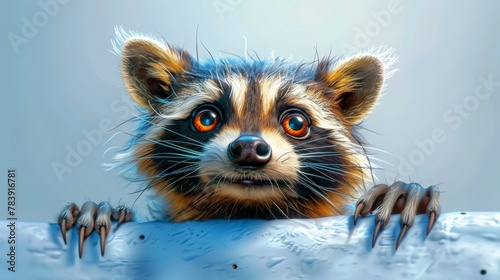  A painting of a raccoon peering over a wall with claws on its head and orange eyes